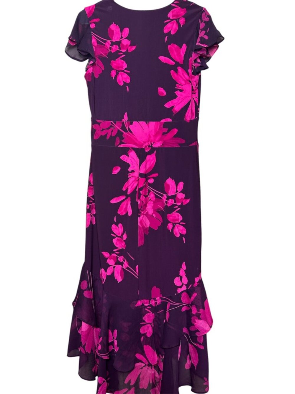 Tommy Hilfiger Flutter Sleeve V-Neck Ruffle Trim Midi Dress, Wineberry  6 - Picture 3 of 4